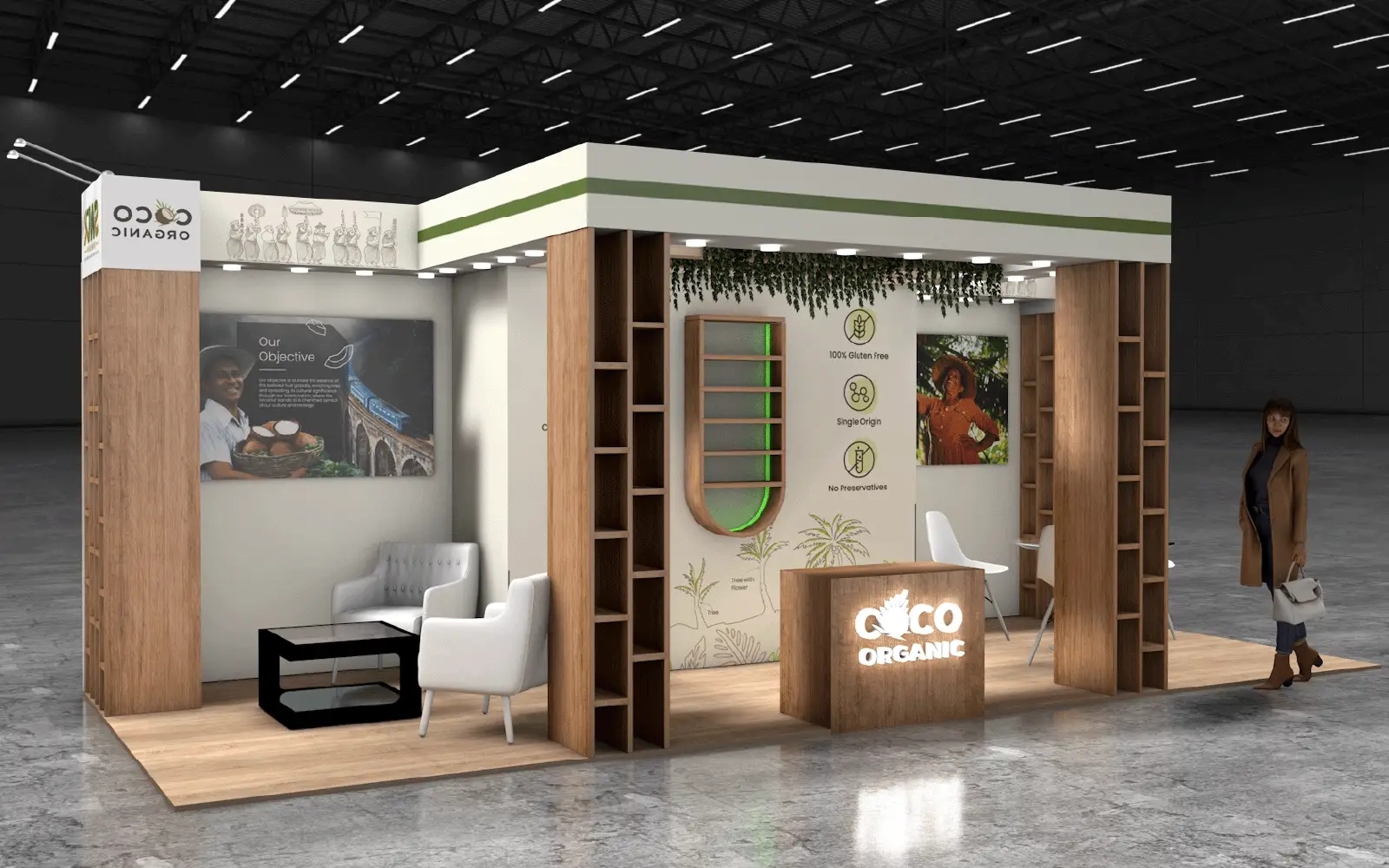 Nachhaltiges Standkonzept mit Holz и Pflanzen - 3D Visualisierung